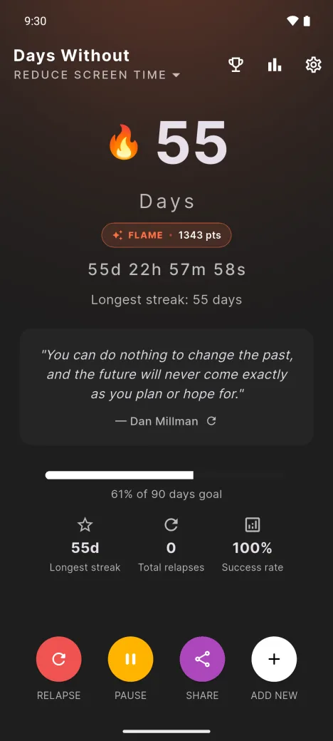 Days Without home screen with a 55-day streak counter, Flame tier and daily quote