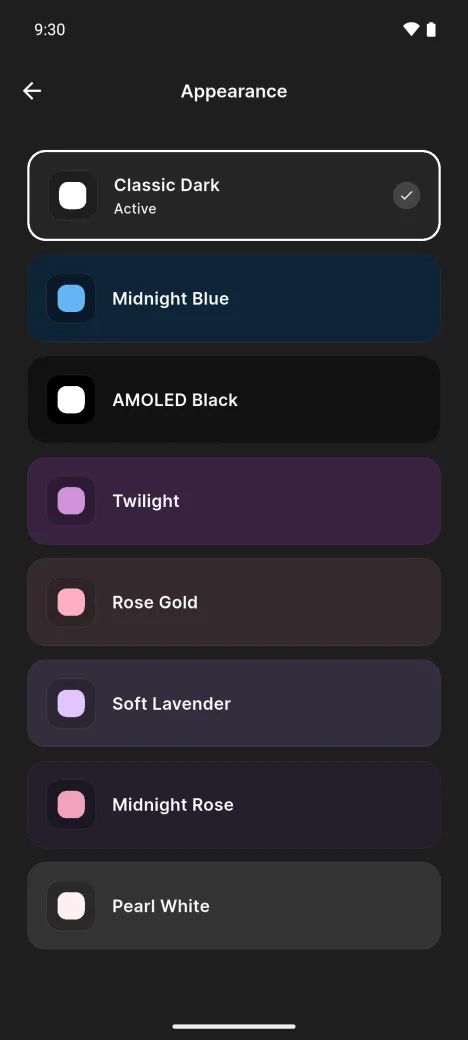 Theme picker with Midnight Blue, AMOLED Black and Twilight dark themes