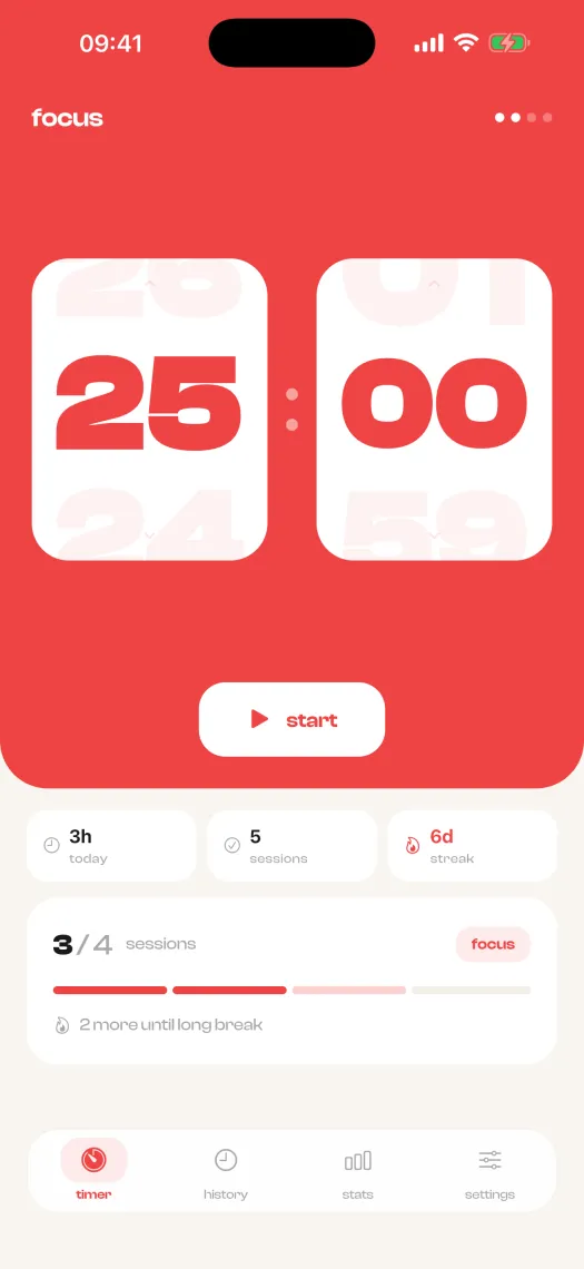 Foku timer screen with flip-clock countdown