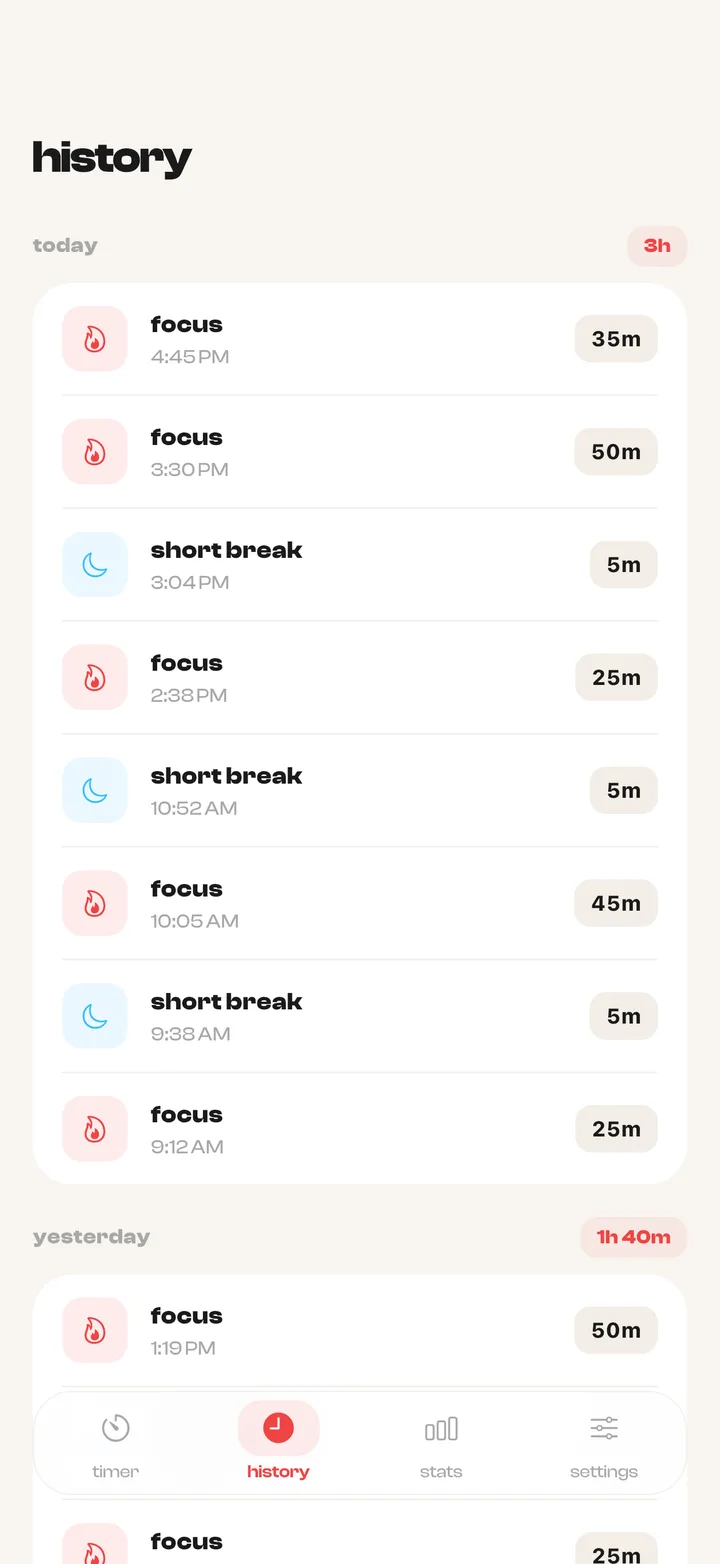 foku history screen listing today's focus sessions and breaks