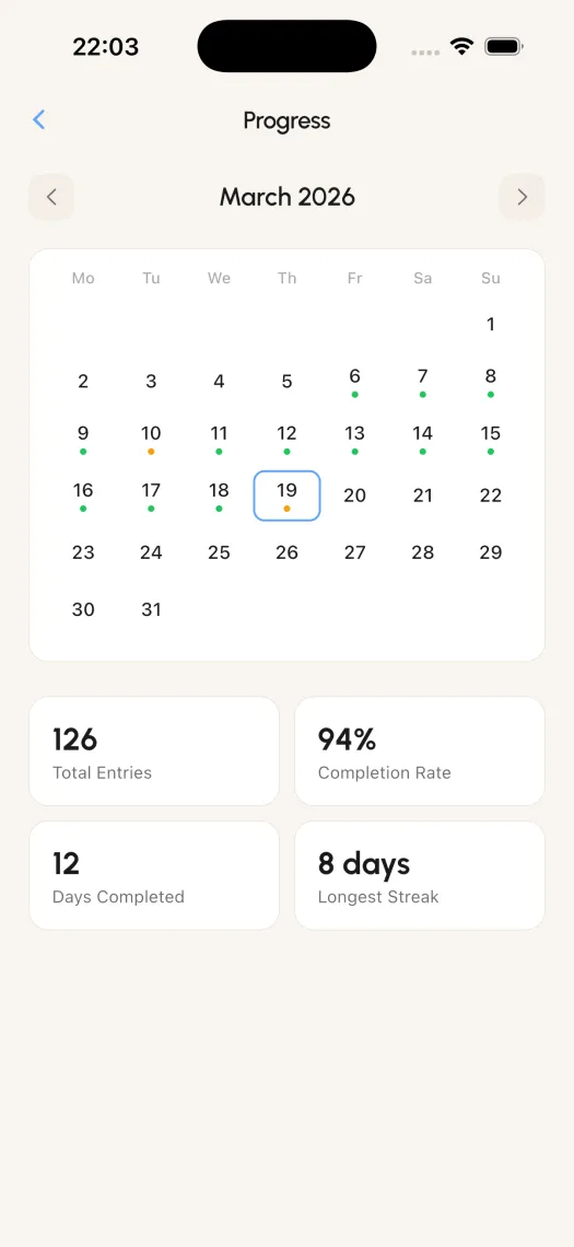 GymDose monthly progress calendar with completion stats
