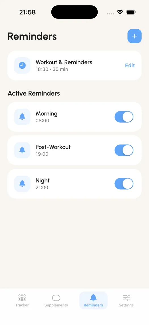 GymDose smart reminders for morning, post-workout and night