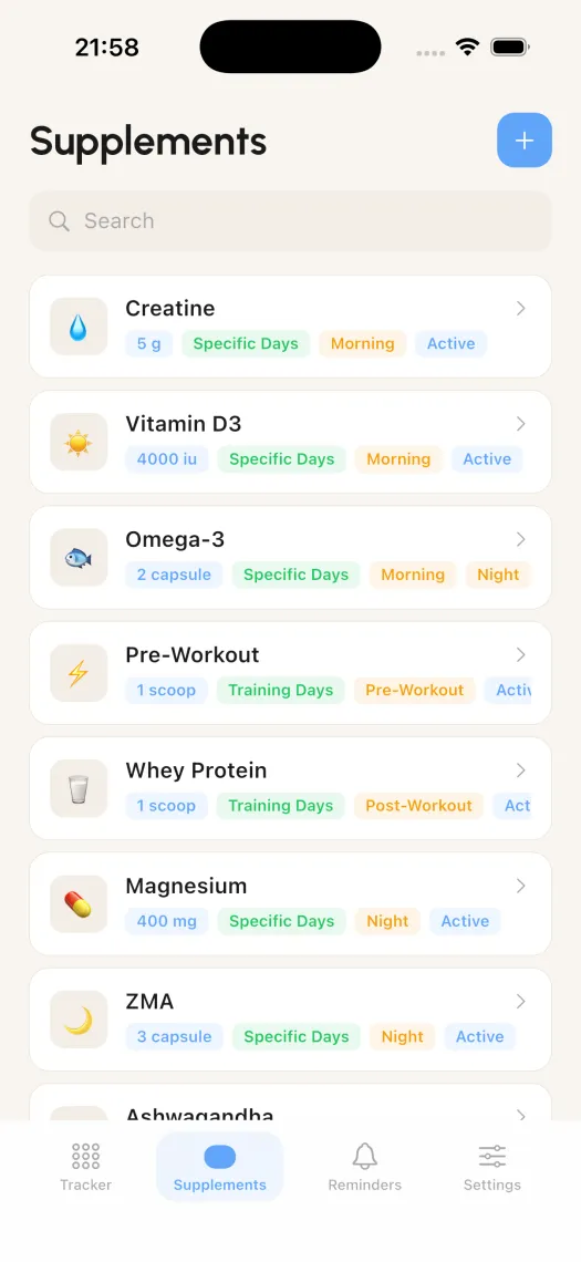 GymDose supplement list with dosage tags