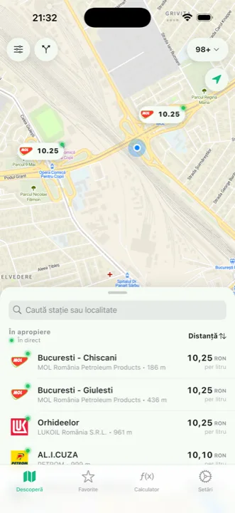 Live fuel price map of Romania in the Litru app