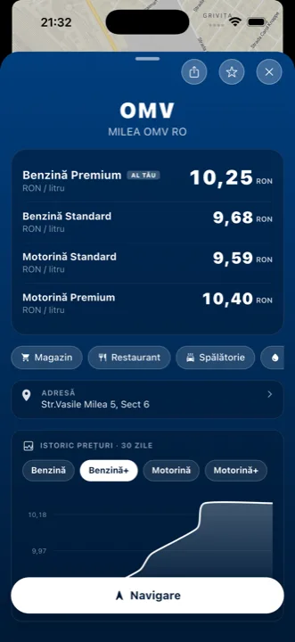 Station detail with all fuel prices in the Litru app