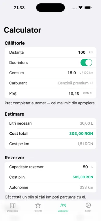 Fuel cost calculator in the Litru app