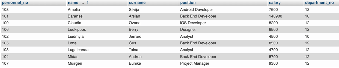 Company Table Ordered by name ascending