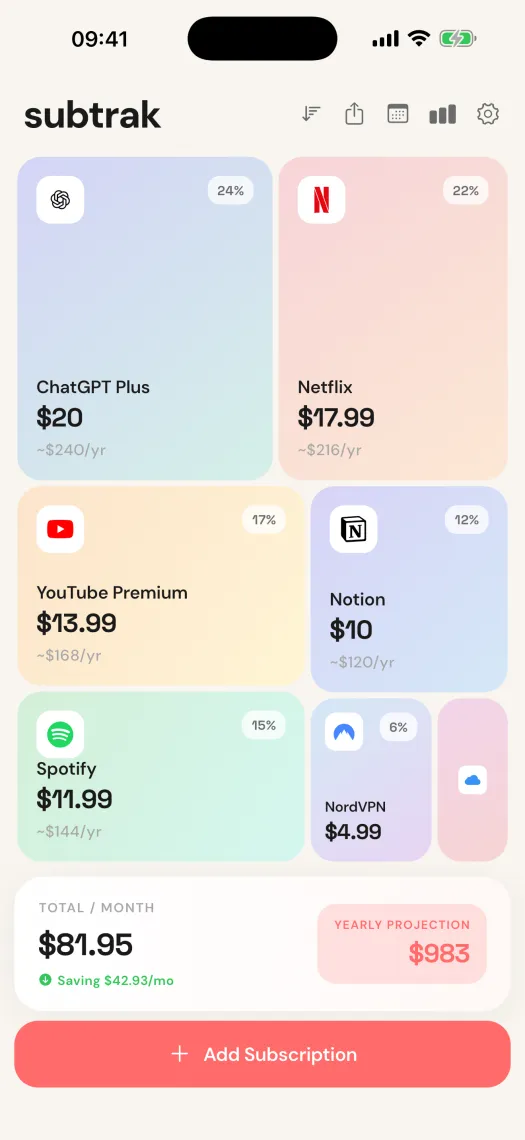 Subtrak home — every subscription in a visual treemap