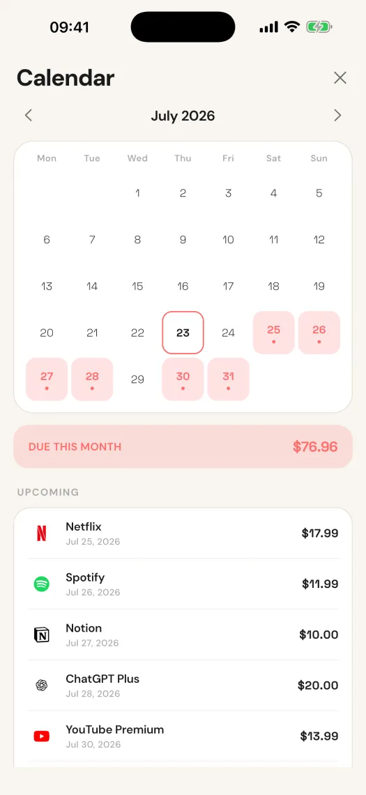 Subtrak renewal calendar — the whole month at a glance